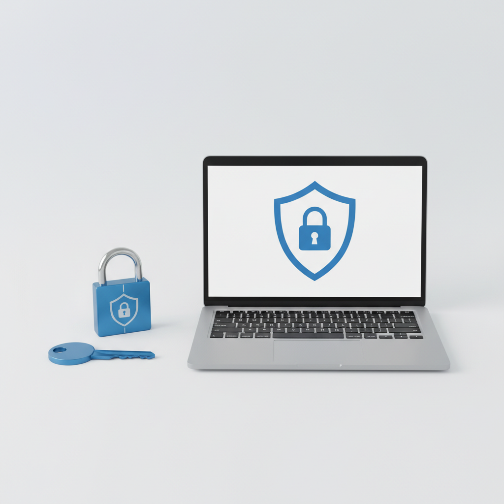 Laptop with secure vault icon representing password manager deployment