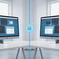 Remote desktop setup showing two monitors connected securely over a network