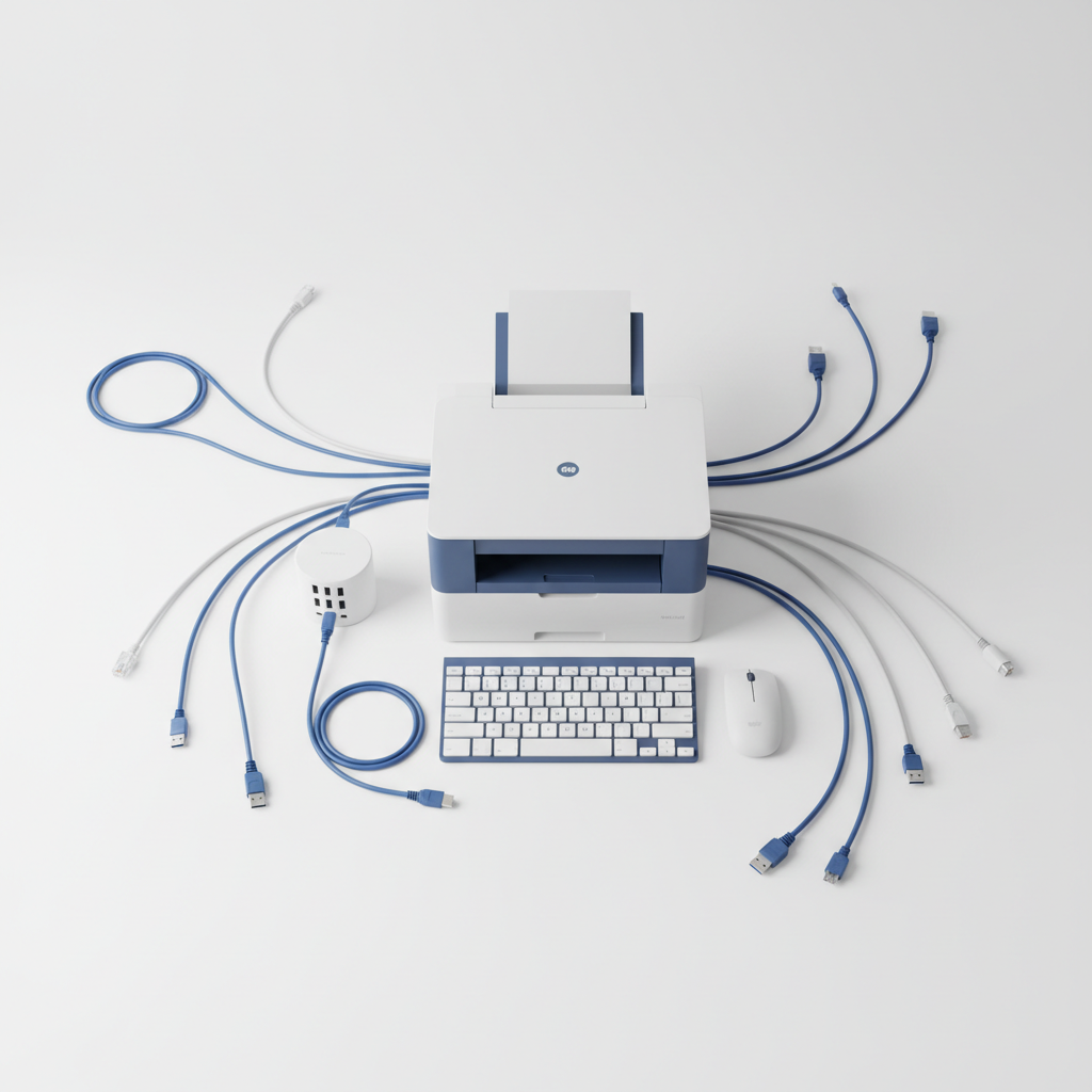 Office printer and peripherals on a clean white desk