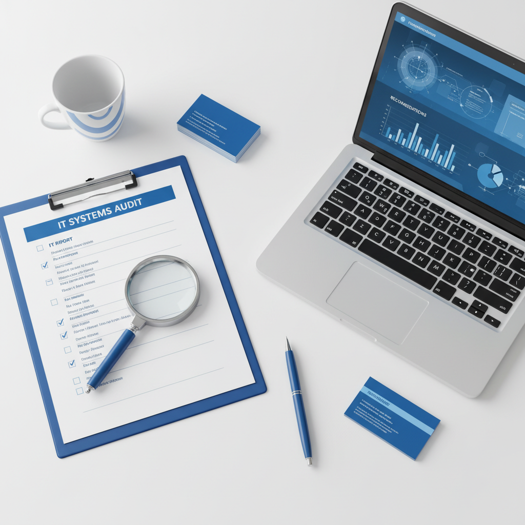 Clipboard with IT audit checklist and magnifying glass on a white desk